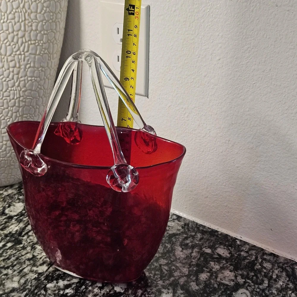 HandBlown Studio Art Glass Purse Vase Red Bag With Clear‎ Handles